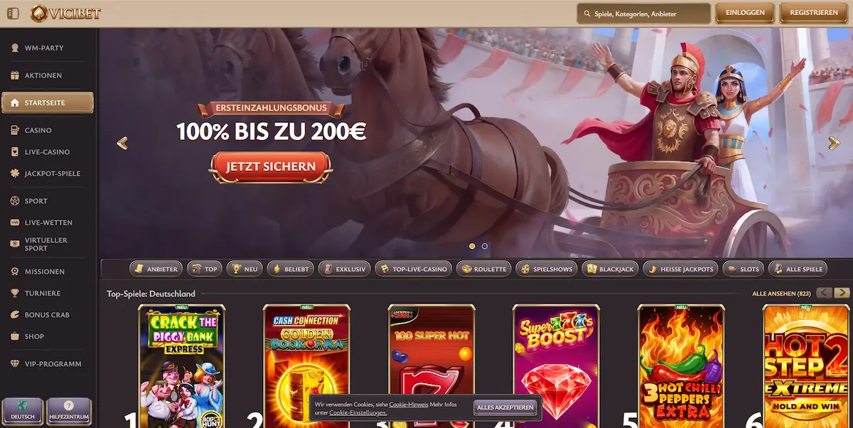 Übersicht der Vicibet Casino Lobby mit Spielkategorien
